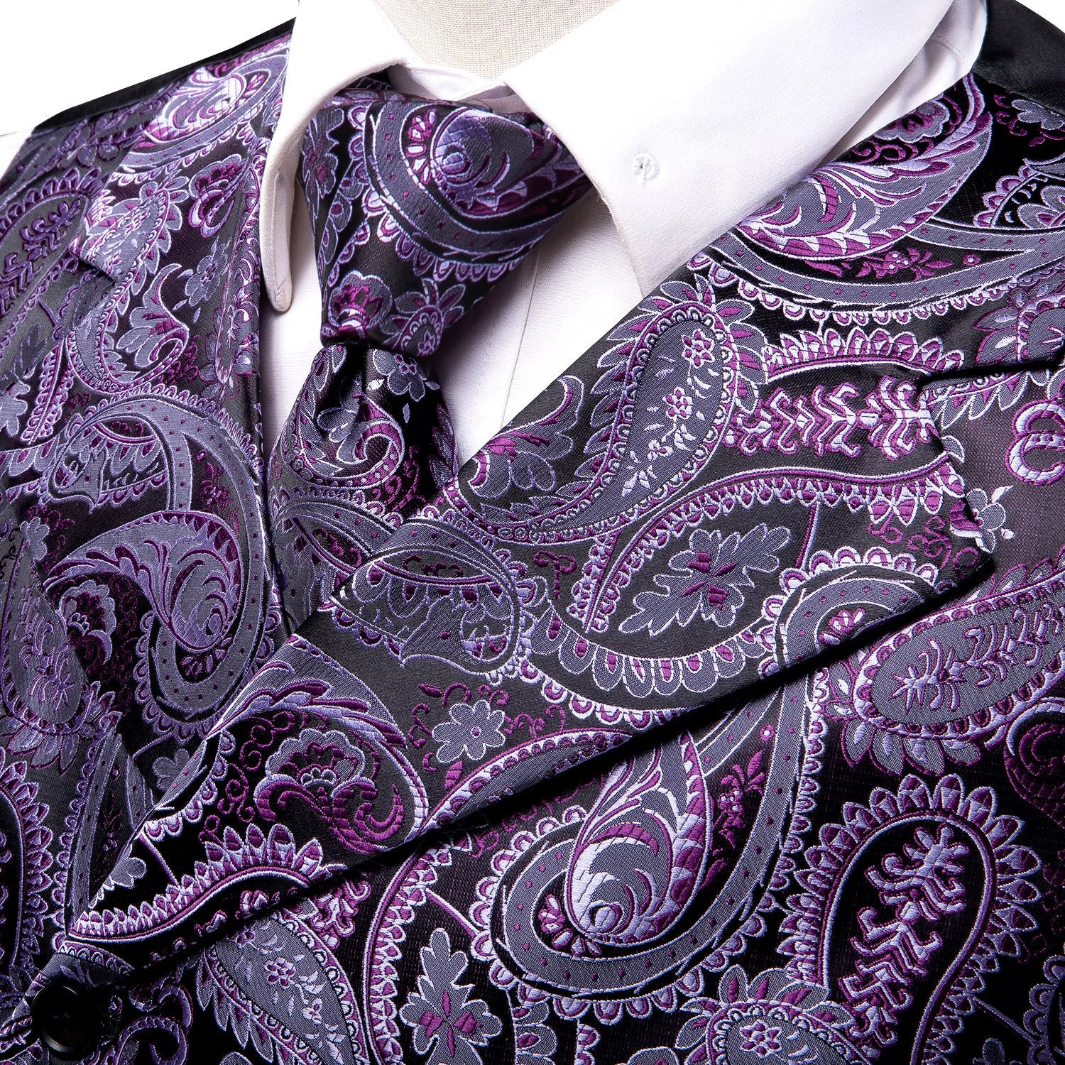 Ties2you Men's Vest Purple Paisley Jacquard Silk Vest Hanky Cufflinks Tie Set