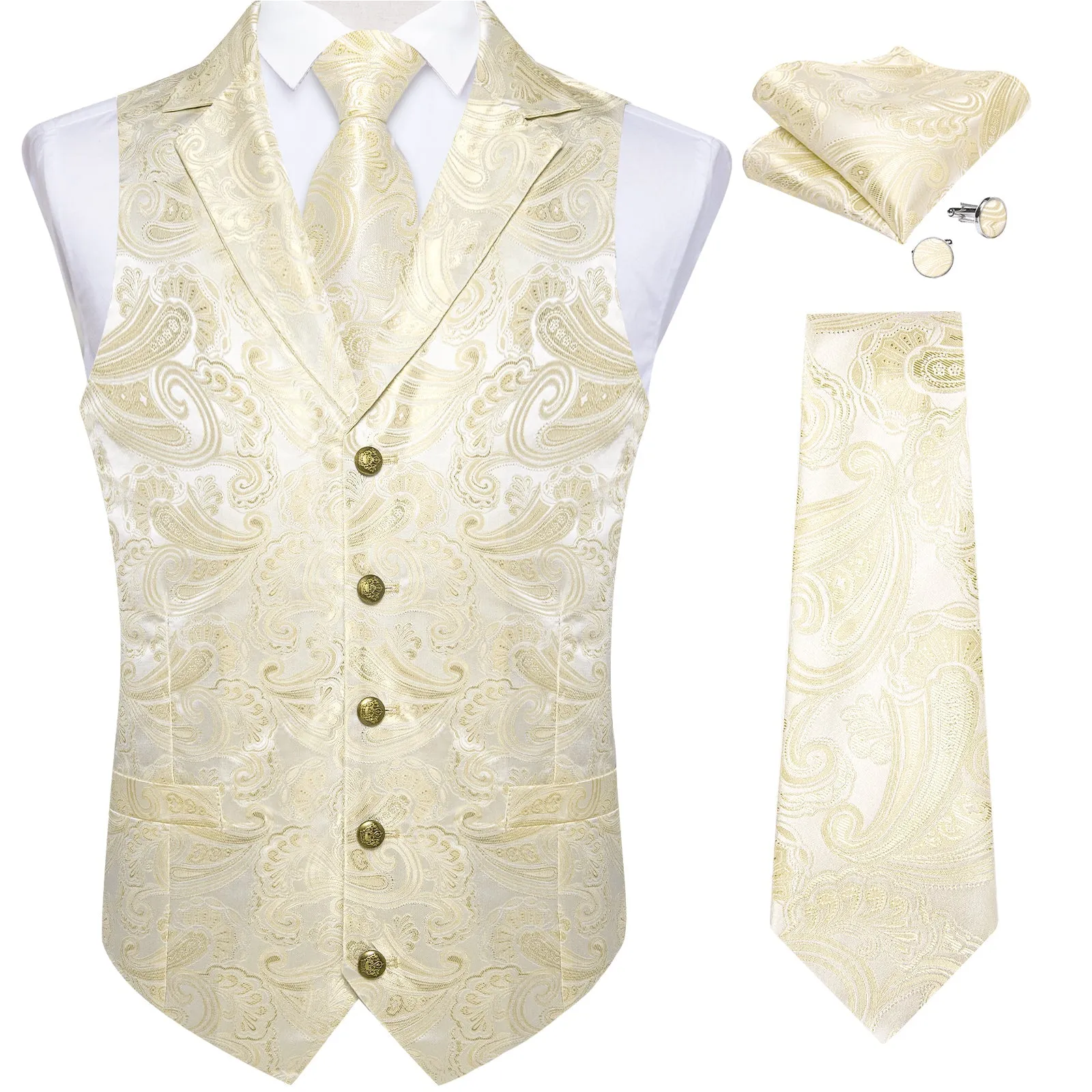 Ties2you Suit Vest Linen White Paisley Men's Notched Collar Vest Tie Hanky Cufflinks Set