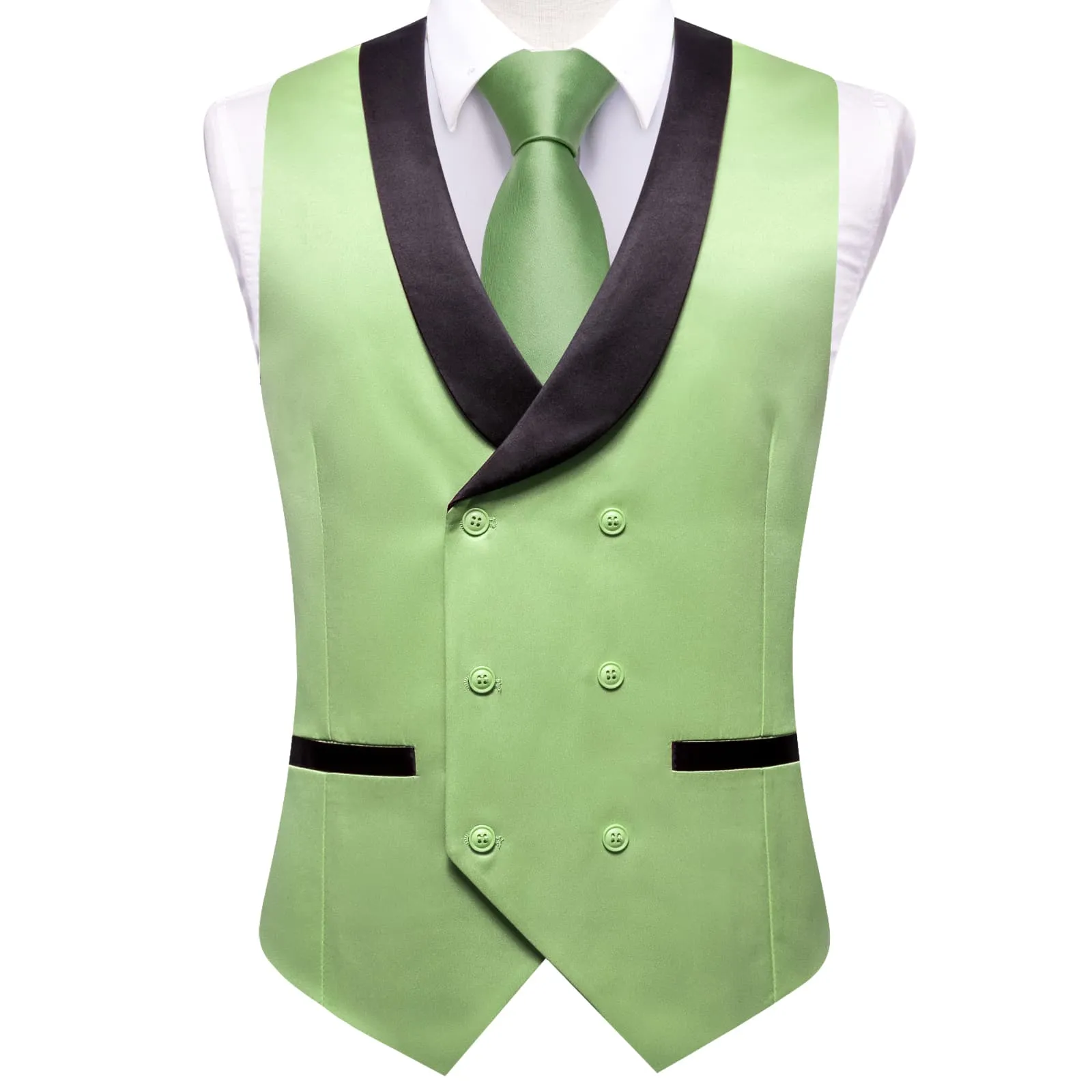 Ties2you Tuxedo Vest Olivine Green Solid Shawl Collar Silk Mens Double Breasted Vest