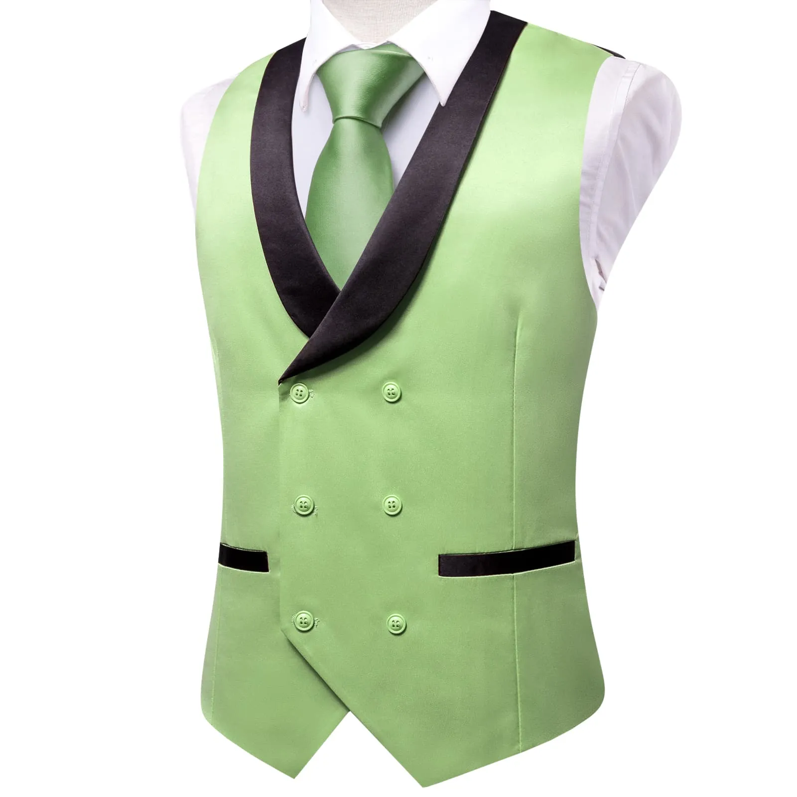 Ties2you Tuxedo Vest Olivine Green Solid Shawl Collar Silk Mens Double Breasted Vest