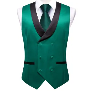 Ties2you Tuxedo Vest Teal Green Solid Shawl Collar Silk Mens Double Breasted Vest