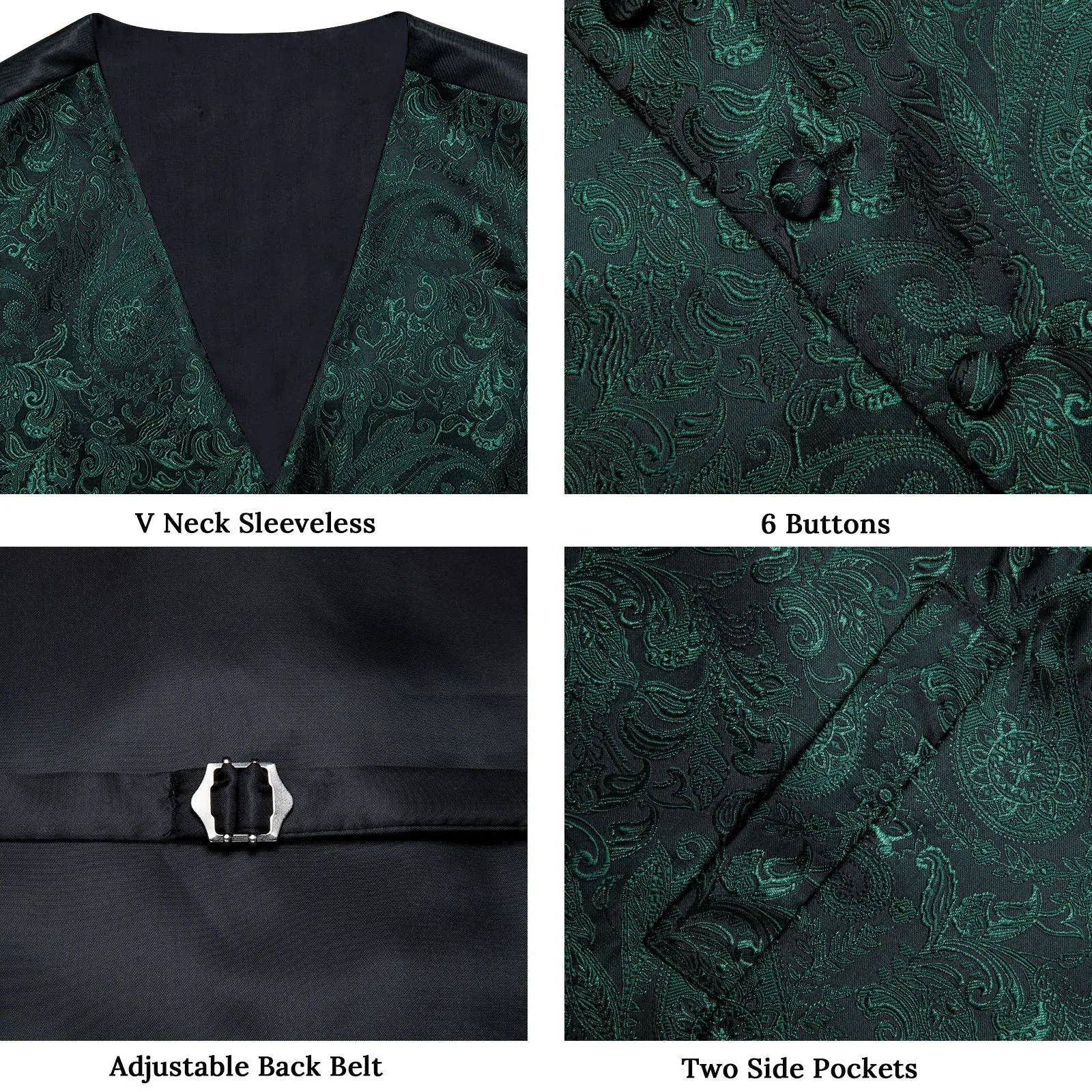 Ties2you Vest for Men Emerald Green Paisley Silk Vest Tie Hanky Cufflinks Set