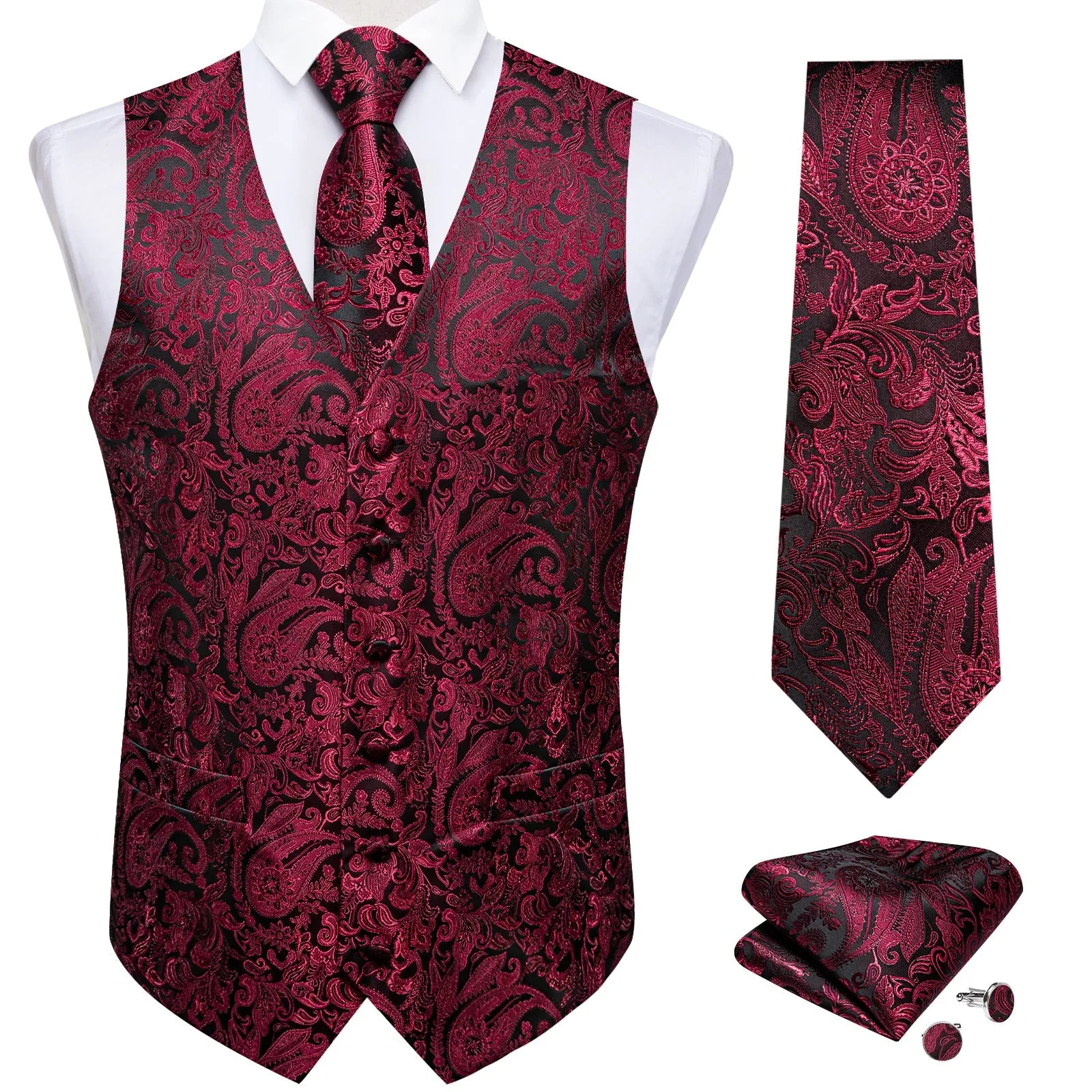 Ties2you Wedding Vest Black Burgundy Red Paisley Vest For Men Men's Vest Tie Set