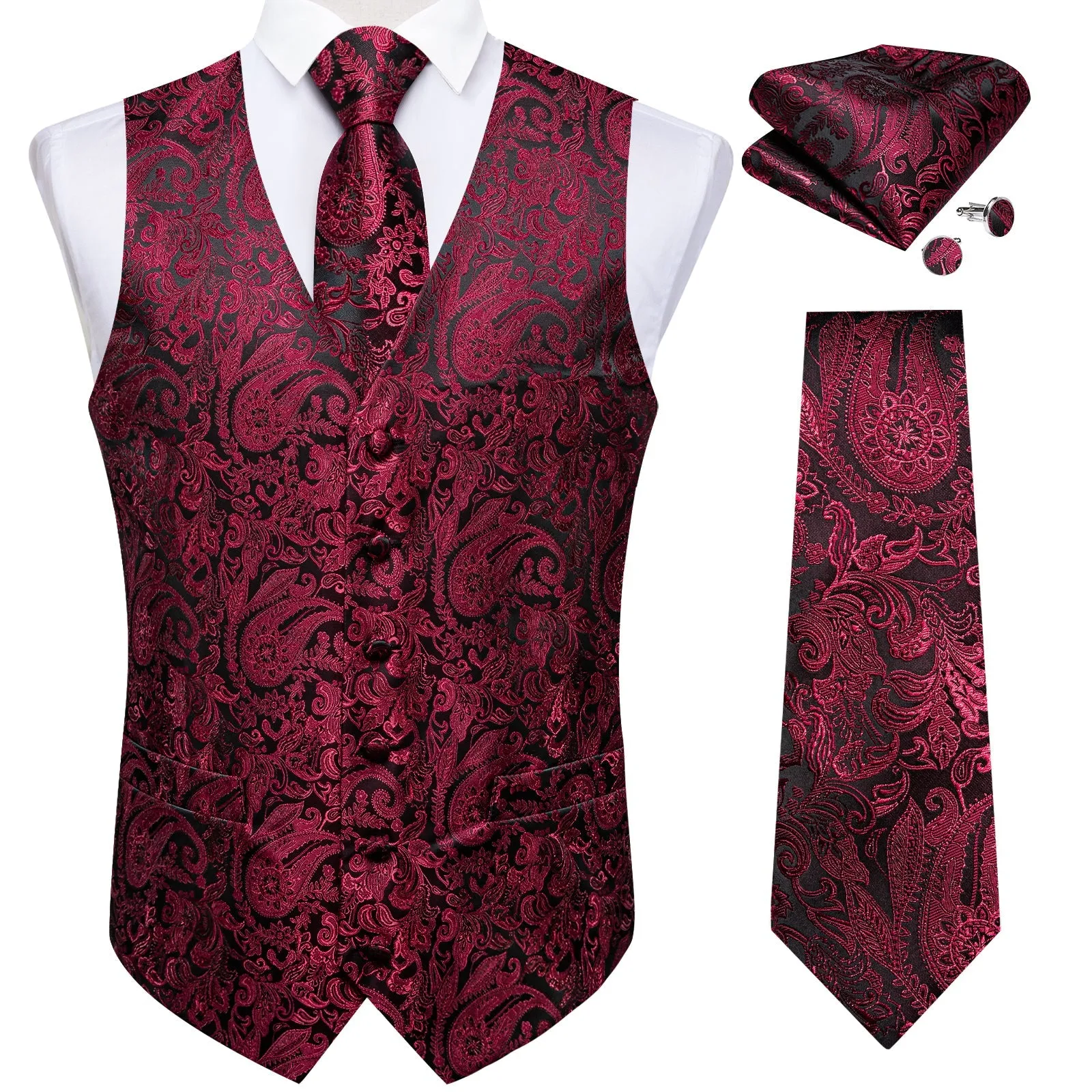 Ties2you Wedding Vest Black Burgundy Red Paisley Vest For Men Men's Vest Tie Set