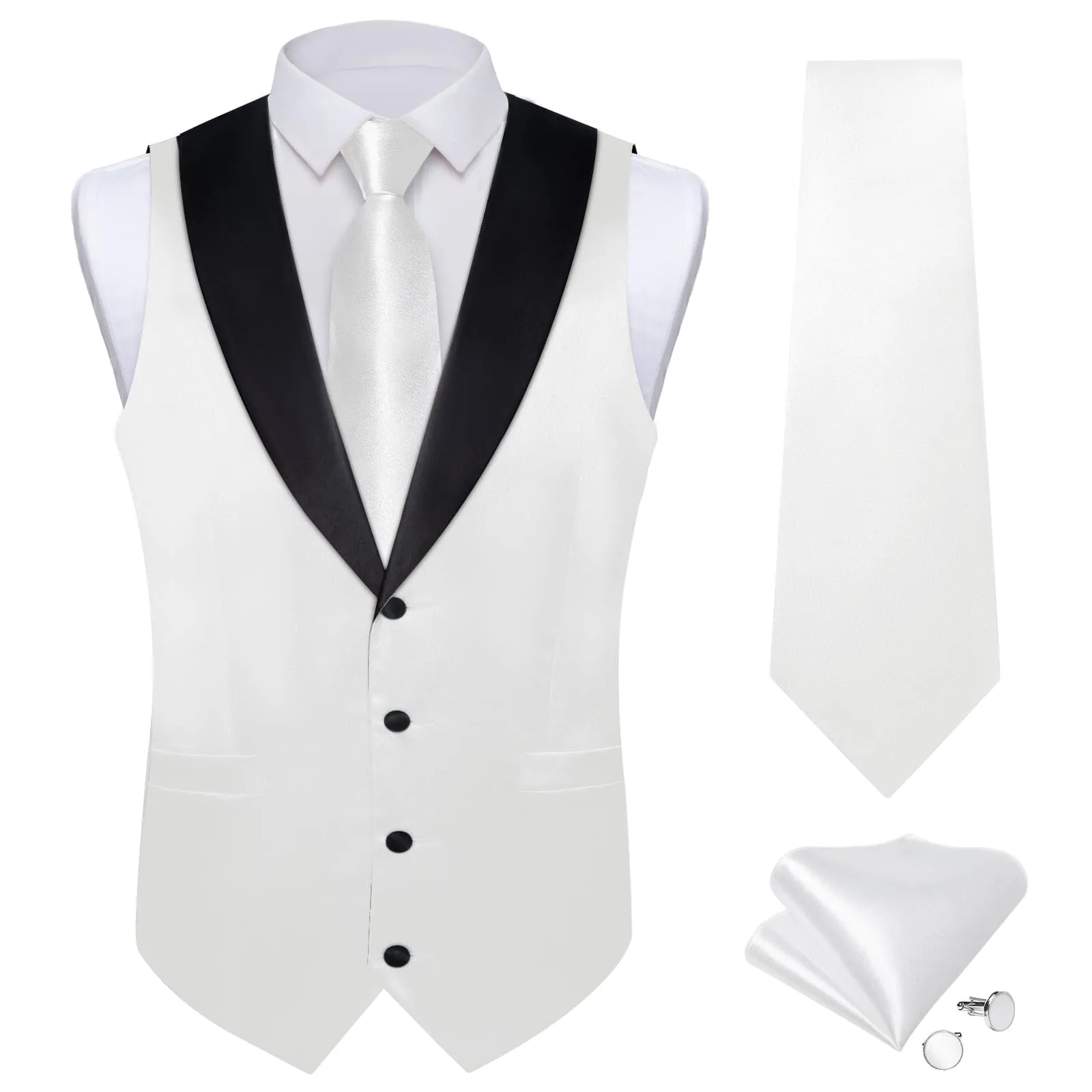 Ties2you Work Vest Platinum White Solid Shawl Collar Silk Mens Dress Vest Tie Set for Wedding