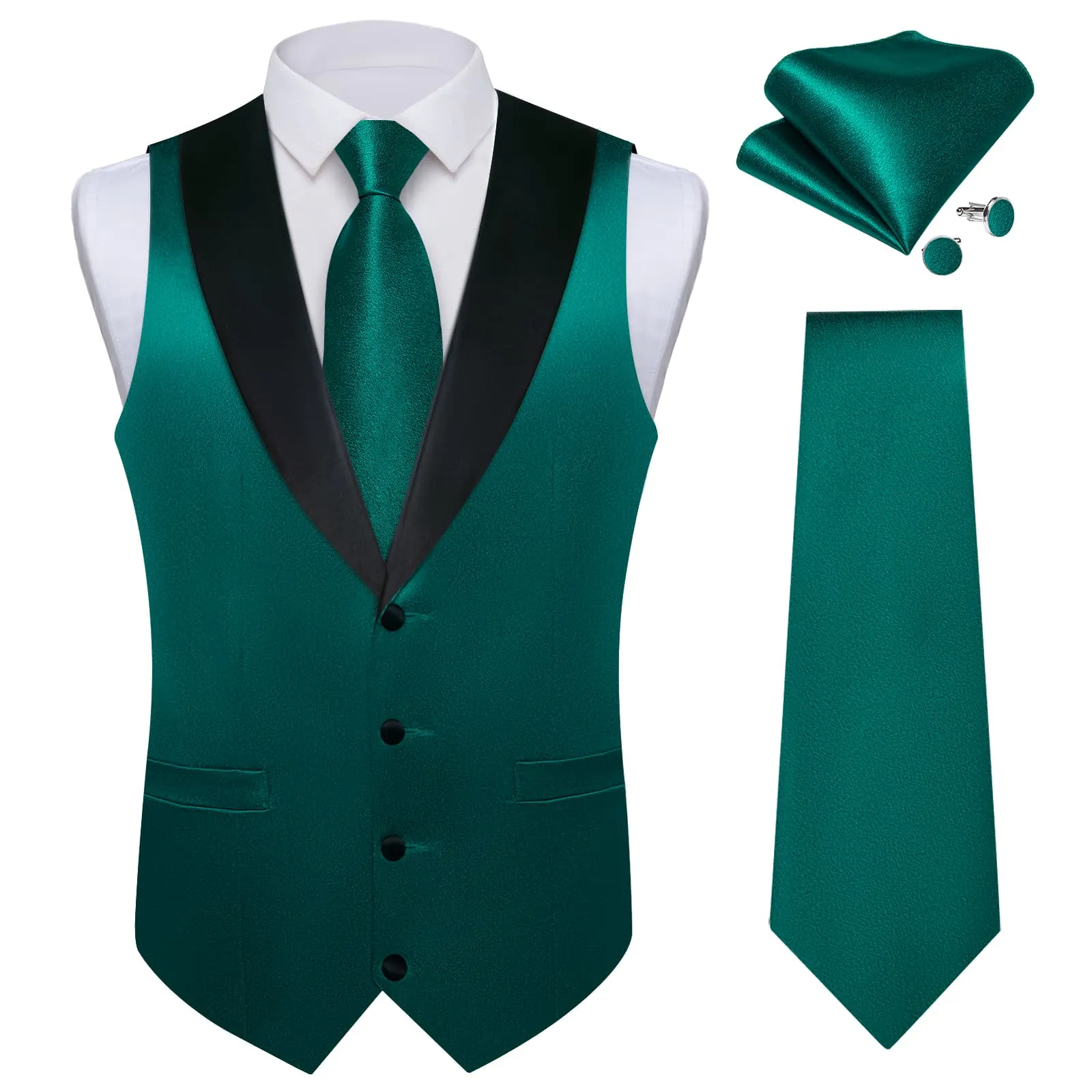 Ties2you Work Vest Shining Deep Jungle Green Solid Shawl Collar Silk Business Mens Vest Tie Set