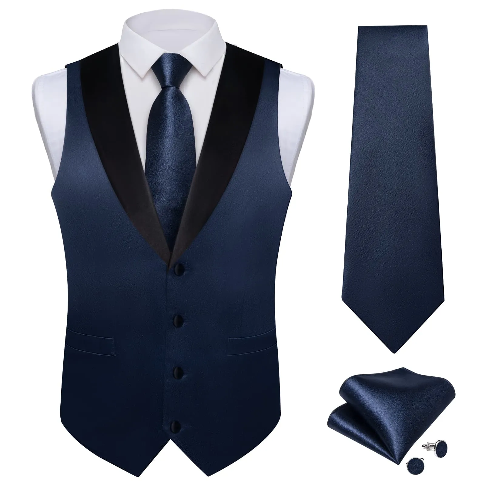 Ties2you Work Vest Shining Oxford Blue Solid Shawl Collar Silk Mens Vest Tie Set for Business