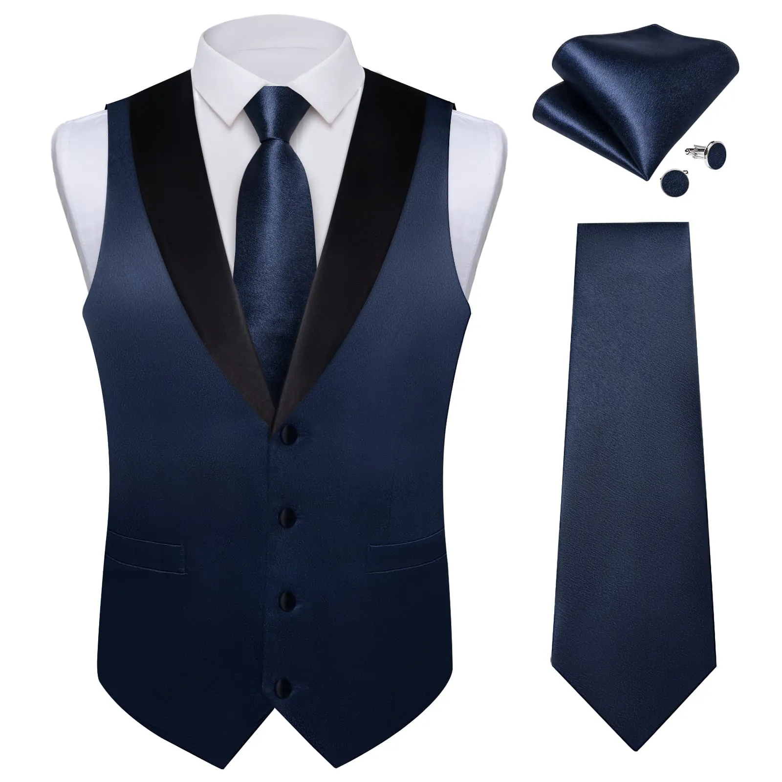 Ties2you Work Vest Shining Oxford Blue Solid Shawl Collar Silk Mens Vest Tie Set for Business