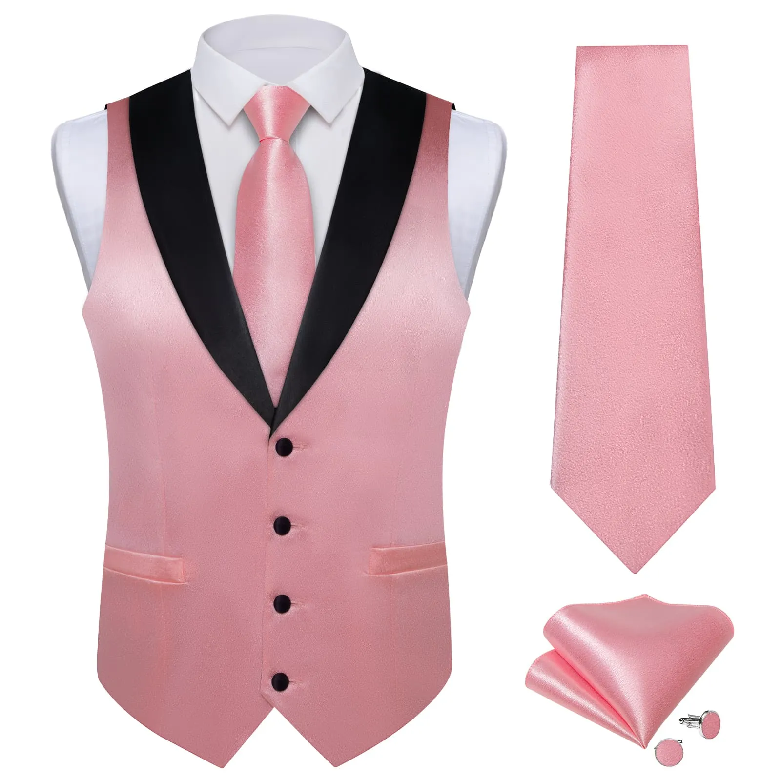 Ties2you Work Vest Shining Rose Pink Solid Shawl Collar Silk Mens Dress Vest Tie Set