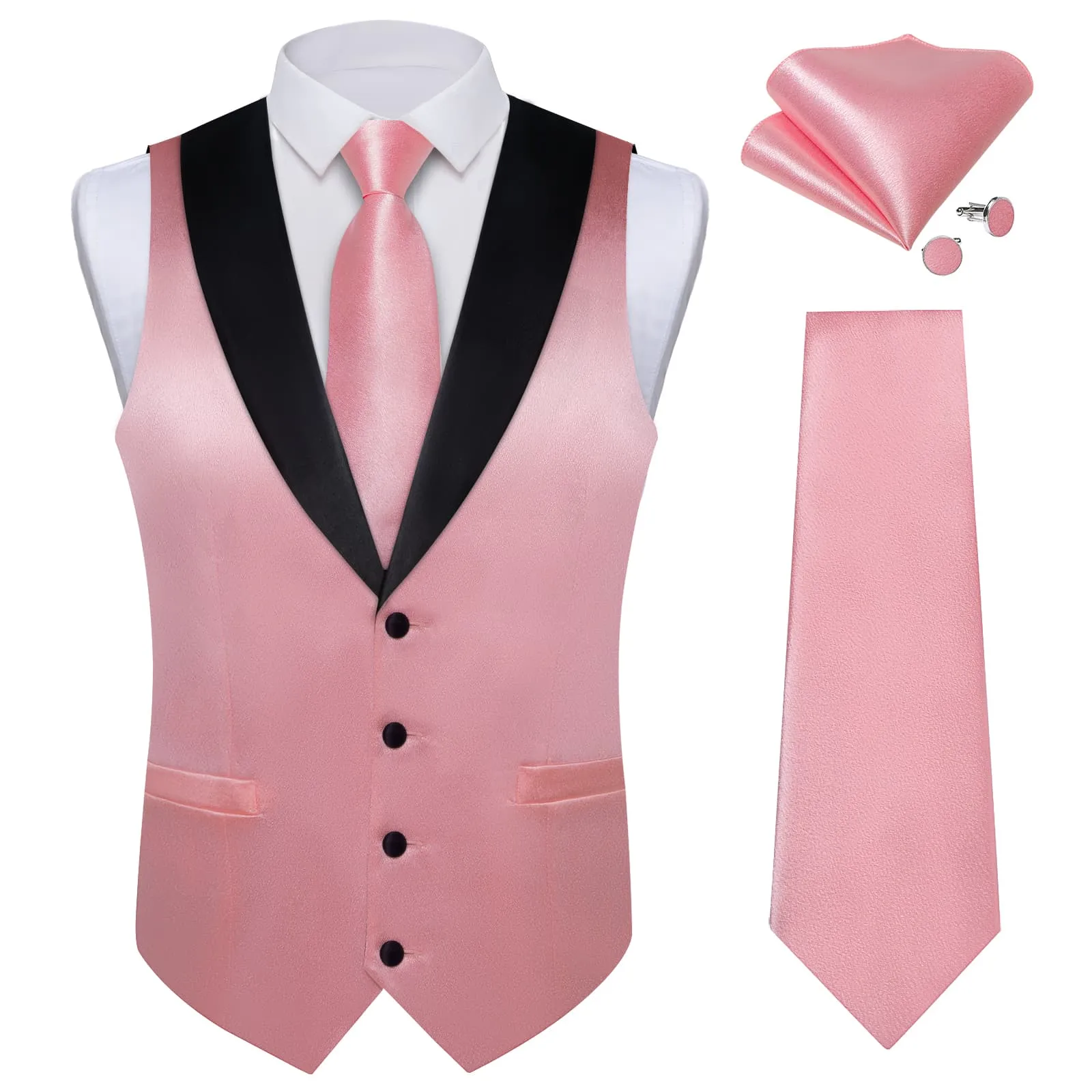 Ties2you Work Vest Shining Rose Pink Solid Shawl Collar Silk Mens Dress Vest Tie Set