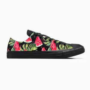 Watermelon Pattern on Black/Black Low Top Converse Shoes - Men's and Women's Custom Tie Lace Up Sneakers