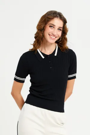 Women Black And White Short Sleeve Contrast Piping Polo T-Shirt