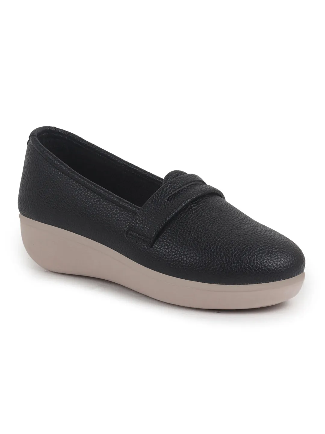 Women Black Textured Slip On Casual Shoes Flatform Heel Height Enhancer|All Day Comfort|Daily Wear Shoes