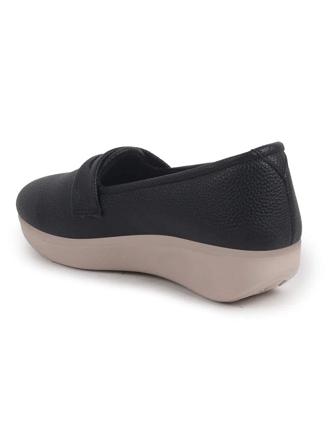 Women Black Textured Slip On Casual Shoes Flatform Heel Height Enhancer|All Day Comfort|Daily Wear Shoes