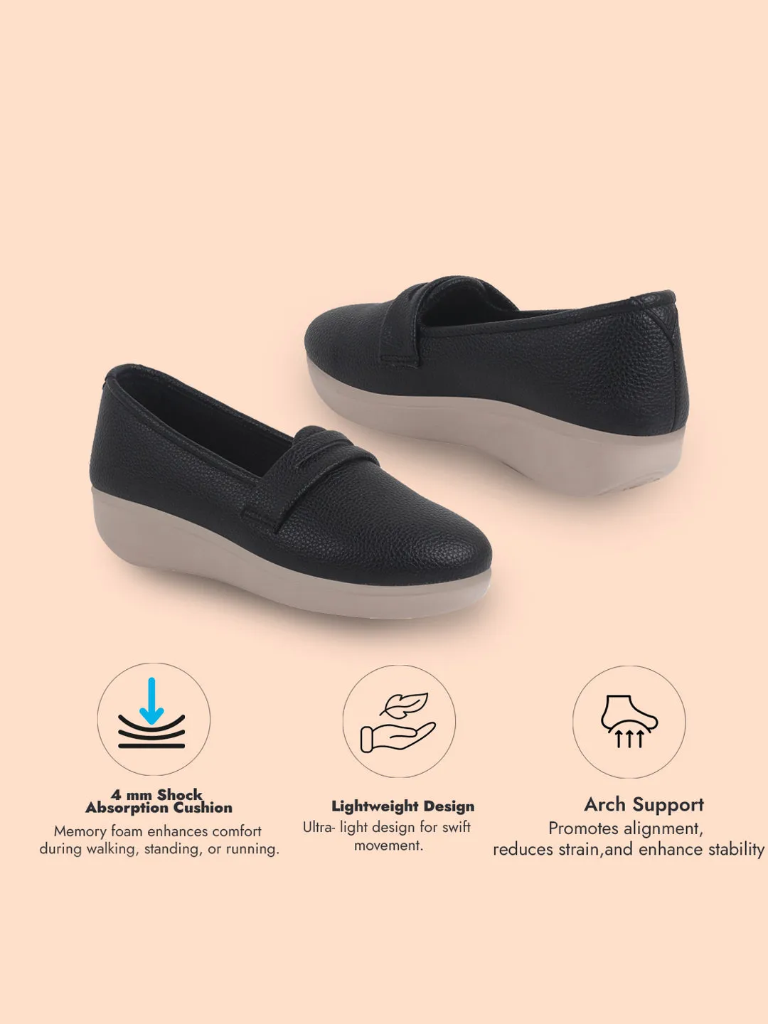 Women Black Textured Slip On Casual Shoes Flatform Heel Height Enhancer|All Day Comfort|Daily Wear Shoes