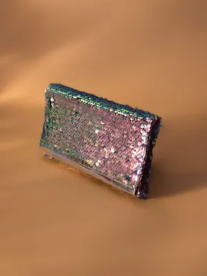 Women Blue Sequins Embellished Envelope Clutch