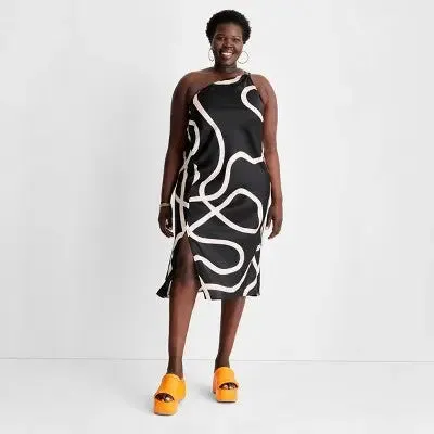 Women's Abstract One Shoulder Slit Midi Dress - Future Collective with Alani Noelle Black/White XXL