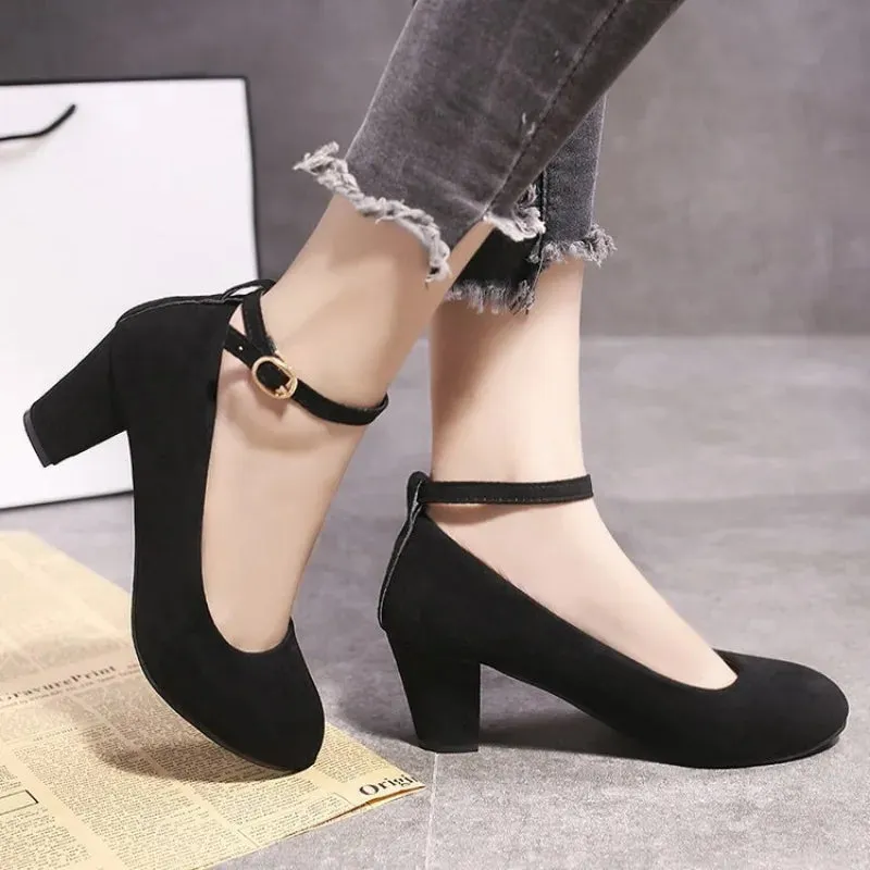 Women's Autumn New 2024Retro Solid Color Fashion Buckle Designer High Heels Everyday Versatile Round Toe Womens Shoes Large Size