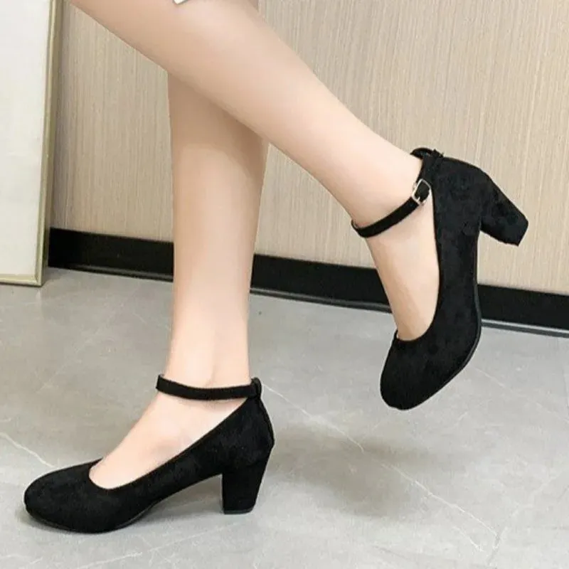 Women's Autumn New 2024Retro Solid Color Fashion Buckle Designer High Heels Everyday Versatile Round Toe Womens Shoes Large Size