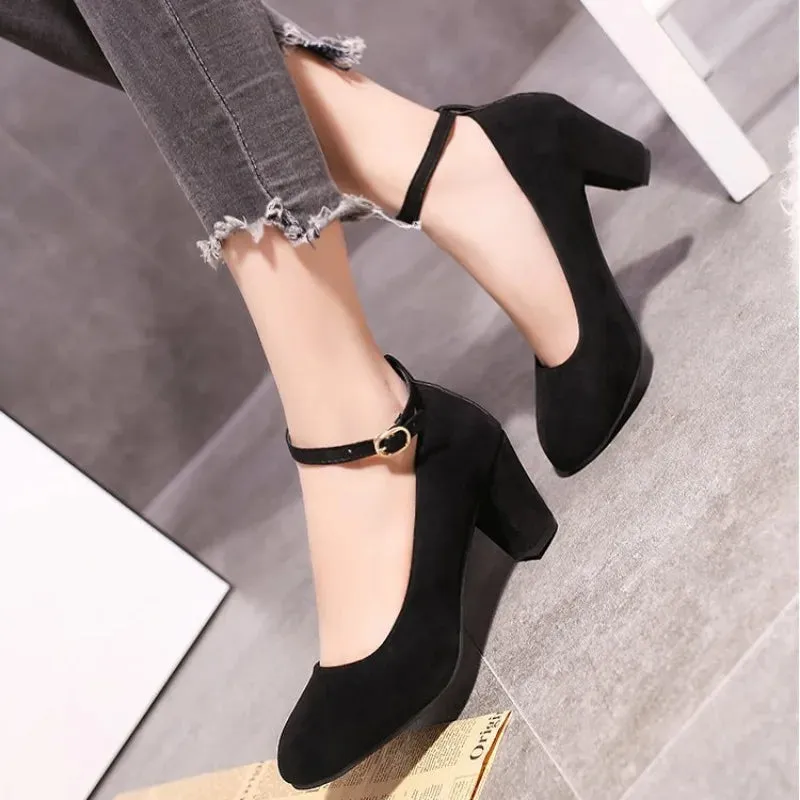 Women's Autumn New 2024Retro Solid Color Fashion Buckle Designer High Heels Everyday Versatile Round Toe Womens Shoes Large Size