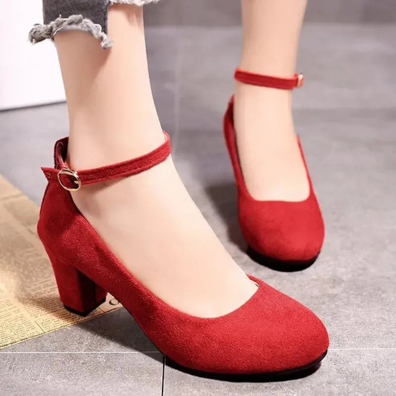 Women's Autumn New 2024Retro Solid Color Fashion Buckle Designer High Heels Everyday Versatile Round Toe Womens Shoes Large Size